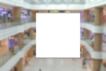 Blank advertising poster banner mockup in modern retail environment; square hanging billboard in...