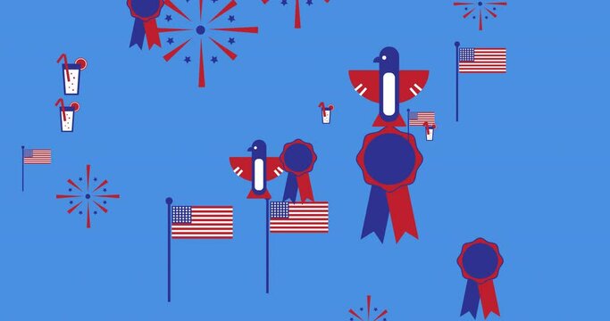 Animation of american flags and independence day icons moving over blue background