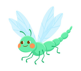Cute green smiling dragonfly on white background