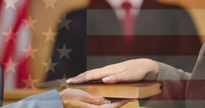 Animation of woman holding her hand on bible moving over american flag