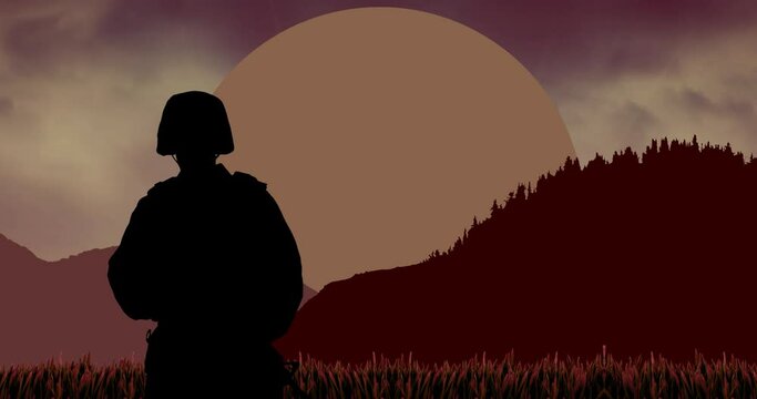 Animation of male soldier silhouette moving over mountain landscape