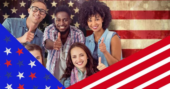 Animation of diverse group of students with thumbs up over american flag