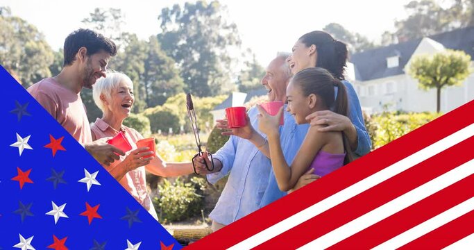 Animation of family celebrating and smiling over american flag