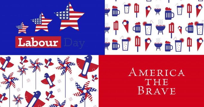 Animation of labour day text with icons coloured with american flag