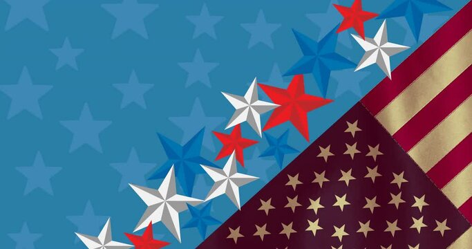 Animation of american flag and stars moving over blue background