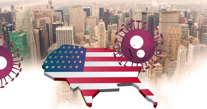 Animation of coronavirus cells over usa map coloured with american flag on cityscape background