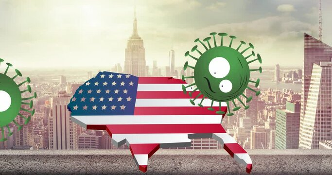 Animation of coronavirus cells over usa map coloured with american flag on cityscape background