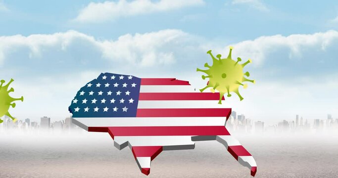 Animation of coronavirus cells over usa map coloured with american flag on cityscape background