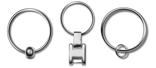 Trinket keyring mockup, metal keychain set. Reallistic set with metal keychain. Breloque illustration. Blank accessory for corporate identity.