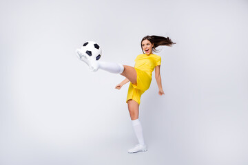 Full length body size view of nice attractive strong energetic crazy focused motivated straight-haired girl playing game having fun struggling isolated over light white gray pastel color background
