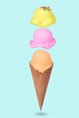 Creative idea made of Ice cream cone with  floating colorful ice cream scoops on pastel blue background.