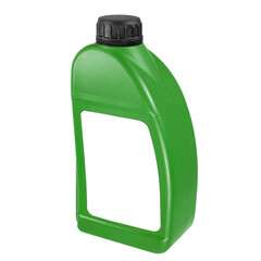 Plastic canister isolated on white background. Close-up green canister with a white label and a black cap. Mockup of label, brand and packaging design.