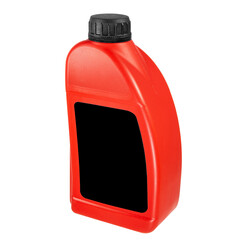 Plastic canister isolated on white background. Close-up red canister with a black label and a black cap. Mockup of label, brand and packaging design.