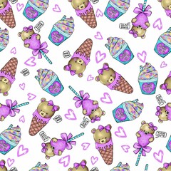 Teddy bear with lollipop and ice cream illustration