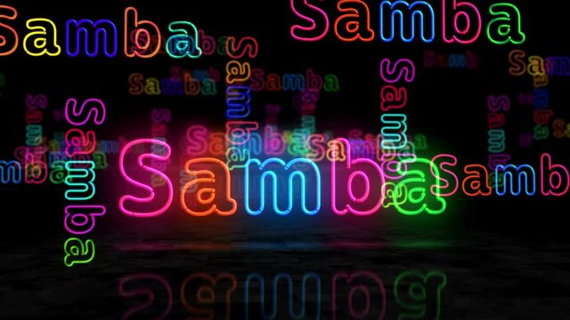 Samba neon glowing symbol. Light color bulbs with Brazil Rio de Janeiro dance festival sign. Abstract concept 3d animation.