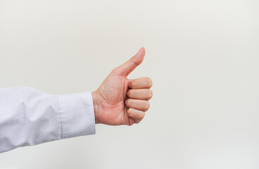 A asian business man's left hand with action on white background with copyspace