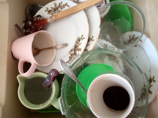 dirty dishes in the sink, Kitchen dirty mess washing-up