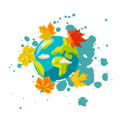 Planet Earth and autumn leaves on white background. Ecological concept. Vector illustration. Flat style design.