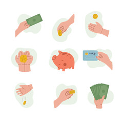 Handling money for children. Getting pocket money, saving money, wasting and losing money. Childrens hands are holding green banknotes and gold coins. Isolated vector illustration on white background.