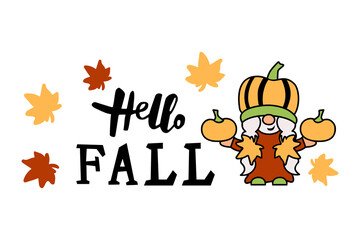 Fototapeta premium Hello Fall handwritten lettering and cute girl gnome with fall leaves and pumpkins on white background. Vector illustration.