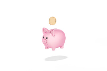 Pink piggy bank and gold coin is floating in the air on white background for business and financial concept 3d rendering. 3d illustration concept of save money or open a bank deposit.