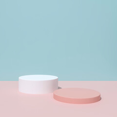 Two tone podium stage backdrop on blue and pink background for product display stand or used in show other designs 3d rendering. 3d illustration template minimal beauty style concept.