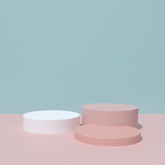 Two tone podium stage backdrop on blue and pink background for product display stand or used in show other designs 3d rendering. 3d illustration template minimal beauty style concept.