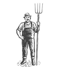 Farmer with pitchfork sketch. Farming, farming concept. Vintage vector illustration - obrazy, fototapety, plakaty