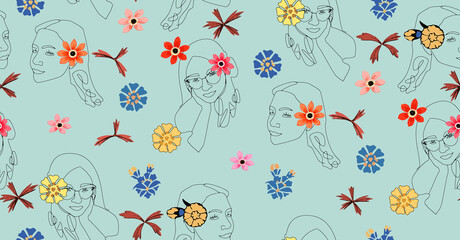 Hand Drawn Line Art Women Faces and Flowers Mix Seamless Pattern Beautiful Concept with Trendy Fashion Colors Perfect for Fabric Print