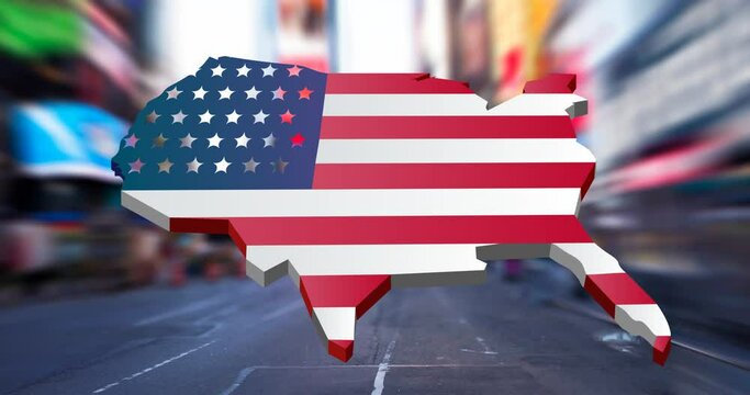 Animation of usa map coloured with american flag moving over city