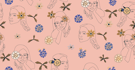 Hand Drawn Line Art Women Faces and Flowers Mix Seamless Pattern Beautiful Concept with Trendy Fashion Colors Perfect for Fabric Print