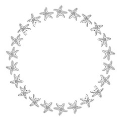 Round frame with black-and-white starfish on white background. Vector image.