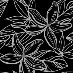 Seamless pattern. Contours of gray flowers on a black background. Beautiful pattern for prints and backgrounds.