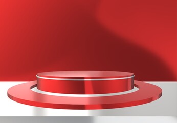 3d rendering modern display podium design on a red and silver white background. 3d illustration for product showcase, presentation, cosmetic product, festive sale, Advertising, template, business. 