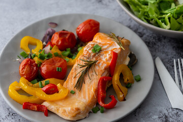 Baked red fish fillet Arctic char on a plate with vegetables, mix salad in a bowl, delicious hearty healthy dinner