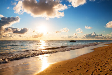 Paradise tropical island beach in sunrise.