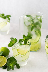 Cold refreshing drinks with lime and cucumber, summer iced beverage and fresh green mint, jug with lemon water