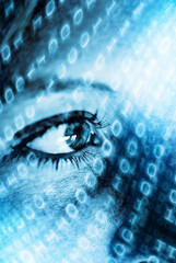 woman eye and binary digits, futuristic woman concept