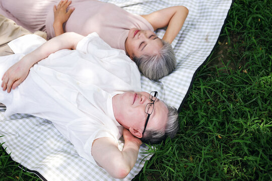 Happy old couple resting on the park grass
