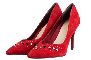 Red suede women's shoes isolated on white background. Fashion and style sexuality concept.