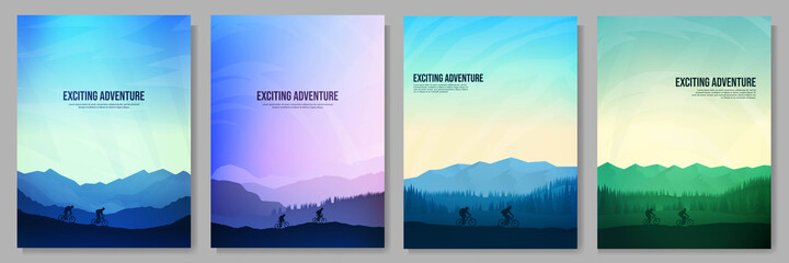 Vector illustration. Mountain bike. Travel concept of discovering, exploring and observing nature. Cycling. Adventure tourism. Flat design for book cover, poster, banner, brochure, magazine