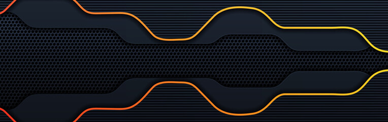 Modern 3d geometry shapes black lines with orange borders on dark background. Luxurious bright orange lines with metallic effect. Vector Illustration