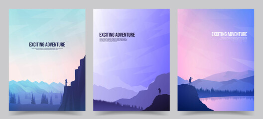 Vector brochure cards set. Travel concept of discovering, exploring and observing nature. Hiking. Climbing. Adventure tourism. Flat design for poster, book cover, magazine, layout, flyer, voucher