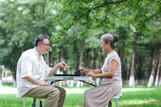 Happy old couple playing chess in the park