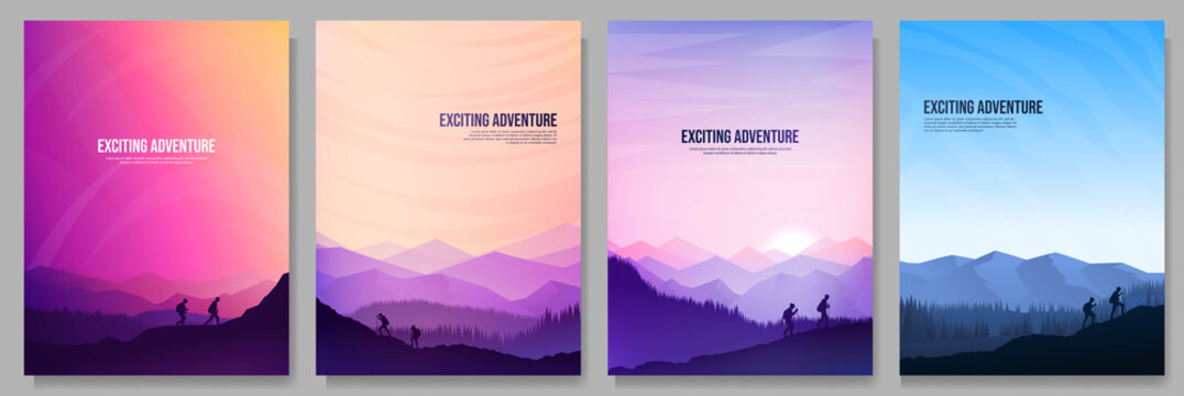 Vector brochure cards set. Travel concept of discovering, exploring and observing nature. Hiking. Climbing. Adventure tourism. Flat design for poster, book cover, magazine, layout, flyer, voucher