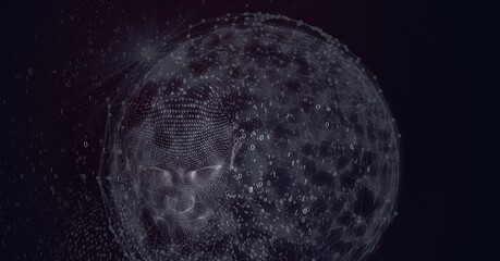 Composition of exploding human bust formed with particles and globe of network of connections