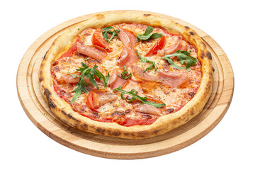 Pizza with ham and arugula, isolated on white background. Prosciutto crudo. Eating food. File contains clipping path.