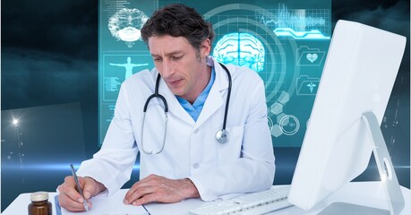 Composition of male doctor over screen with human brain and medical data processing