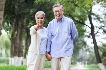 Happy old couple walking in the park