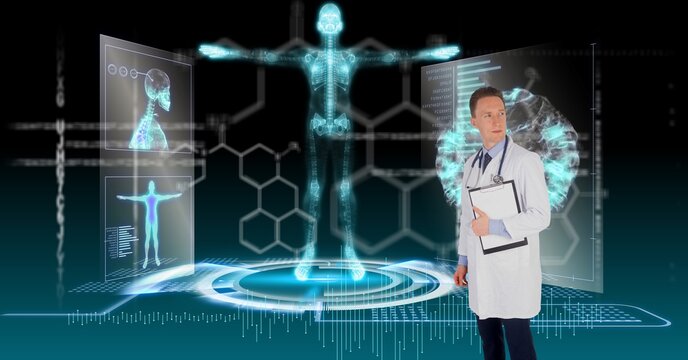 Composition of male doctor over virtual screen with medical icons
